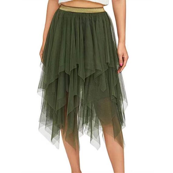 Damen Tüll Röcke High Low Layered Faltenrock Midi Rock Asymmetrisch Karnevalsrock Elegant Weich Knielang Puffy Fee Röcke