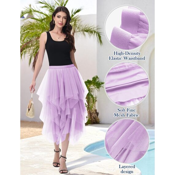 Damen Tüll Röcke High Low Layered Faltenrock Midi Rock Asymmetrisch Karnevalsrock Elegant Weich Knielang Puffy Fee Röcke