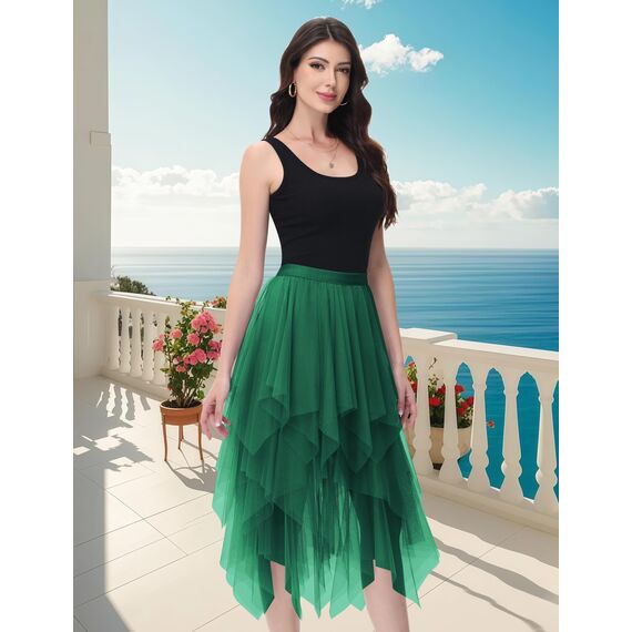 Damen Tüll Röcke High Low Layered Faltenrock Midi Rock Asymmetrisch Karnevalsrock Elegant Weich Knielang Puffy Fee Röcke