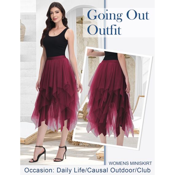 Damen Tüll Röcke High Low Layered Faltenrock Midi Rock Asymmetrisch Karnevalsrock Elegant Weich Knielang Puffy Fee Röcke