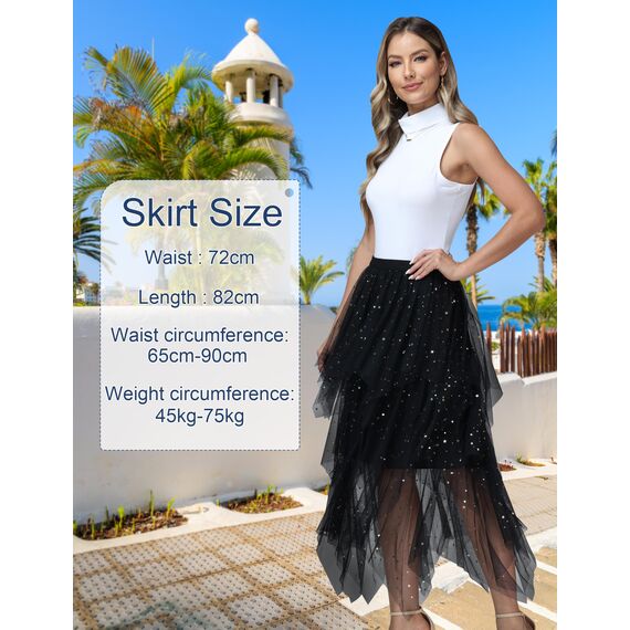 Damen Tüll Röcke High Low Layered Faltenrock Midi Rock Asymmetrisch Karnevalsrock Elegant Weich Knielang Puffy Fee Röcke