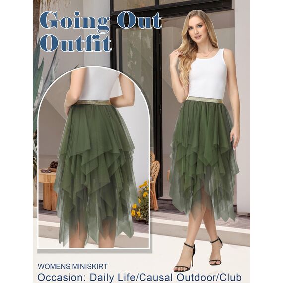 Damen Tüll Röcke High Low Layered Faltenrock Midi Rock Asymmetrisch Karnevalsrock Elegant Weich Knielang Puffy Fee Röcke