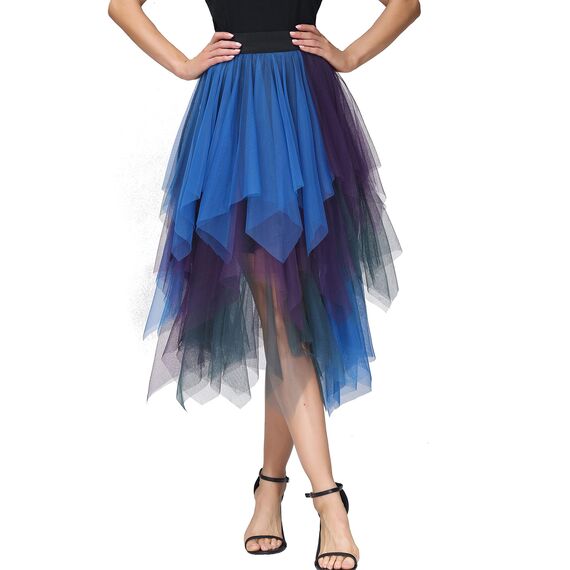 Damen Tüll Röcke High Low Layered Faltenrock Midi Rock Asymmetrisch Karnevalsrock Elegant Weich Knielang Puffy Fee Röcke