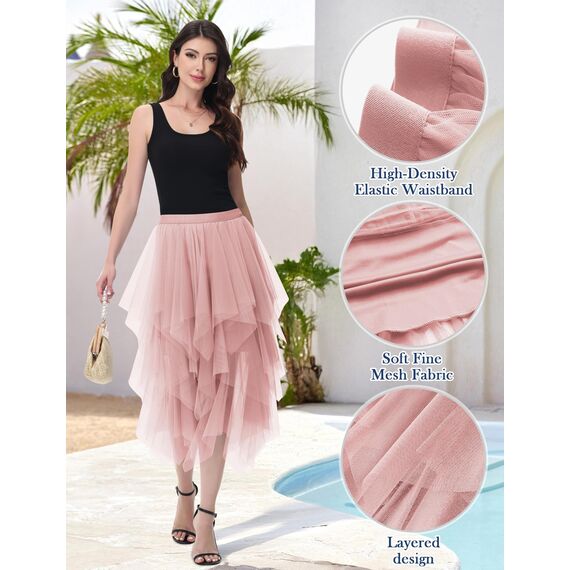 Damen Tüll Röcke High Low Layered Faltenrock Midi Rock Asymmetrisch Karnevalsrock Elegant Weich Knielang Puffy Fee Röcke