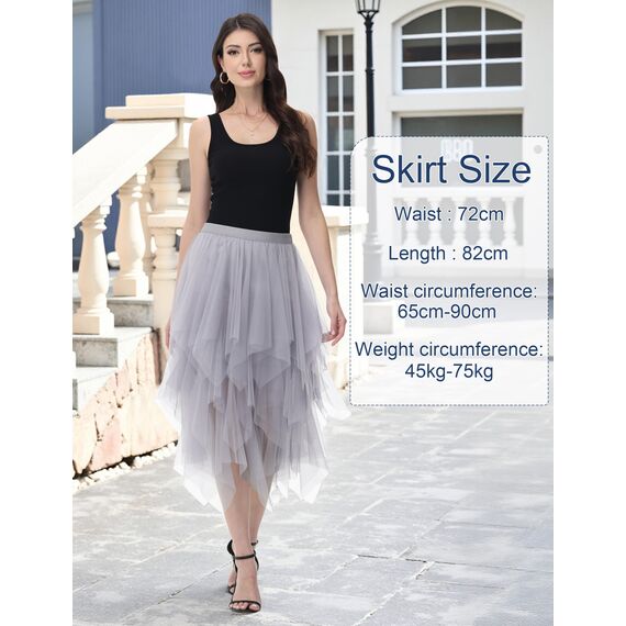 Damen Tüll Röcke High Low Layered Faltenrock Midi Rock Asymmetrisch Karnevalsrock Elegant Weich Knielang Puffy Fee Röcke