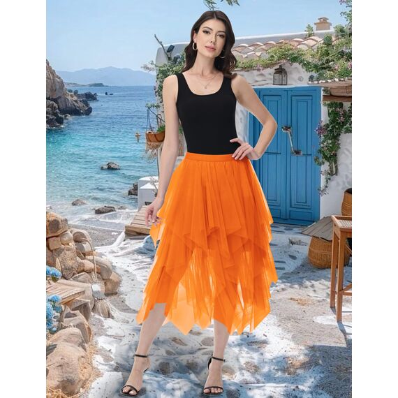 Damen Tüll Röcke High Low Layered Faltenrock Midi Rock Asymmetrisch Karnevalsrock Elegant Weich Knielang Puffy Fee Röcke