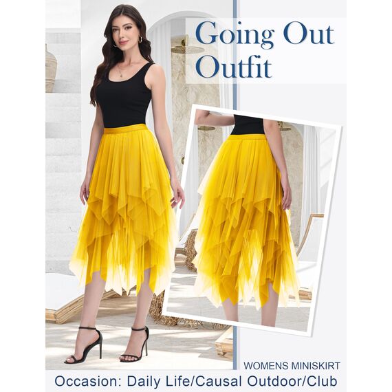 Damen Tüll Röcke High Low Layered Faltenrock Midi Rock Asymmetrisch Karnevalsrock Elegant Weich Knielang Puffy Fee Röcke