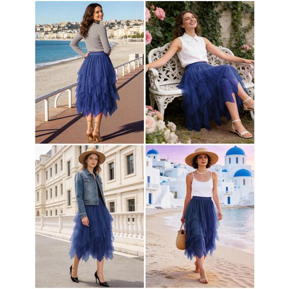 Damen Tüll Röcke High Low Layered Faltenrock Midi Rock Asymmetrisch Karnevalsrock Elegant Weich Knielang Puffy Fee Röcke