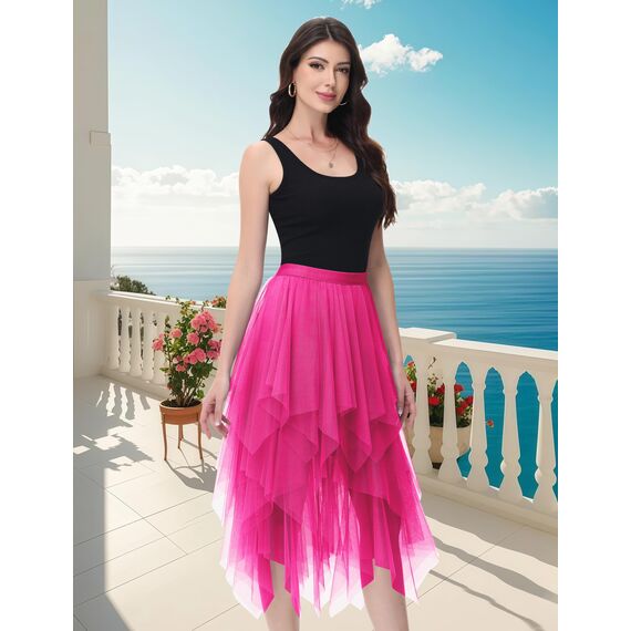 Damen Tüll Röcke High Low Layered Faltenrock Midi Rock Asymmetrisch Karnevalsrock Elegant Weich Knielang Puffy Fee Röcke
