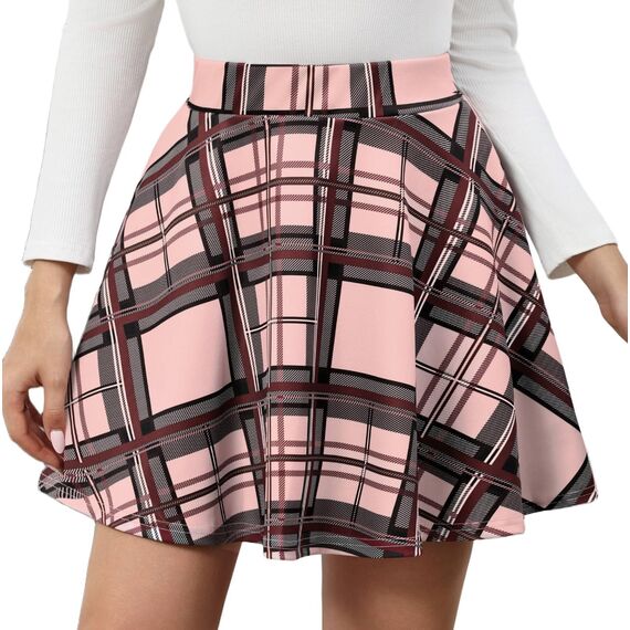 Zeagoo Rock Damen Basic Mini Skater Rock Vielseitige Dehnbaren Hohe Taille A-Linie Kurze Röcke Karierter Faltenrock Rosa S