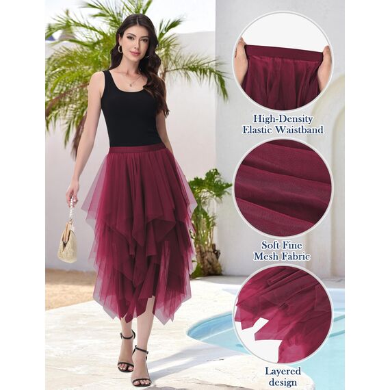 Damen Tüll Röcke High Low Layered Faltenrock Midi Rock Asymmetrisch Karnevalsrock Elegant Weich Knielang Puffy Fee Röcke