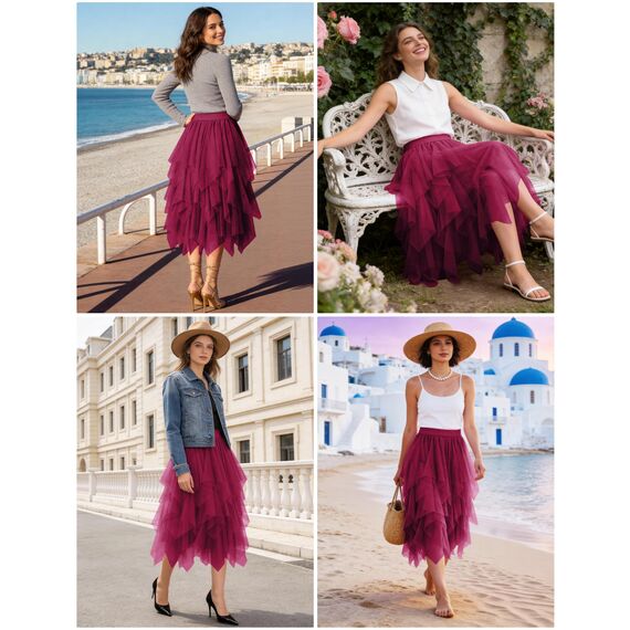 Damen Tüll Röcke High Low Layered Faltenrock Midi Rock Asymmetrisch Karnevalsrock Elegant Weich Knielang Puffy Fee Röcke