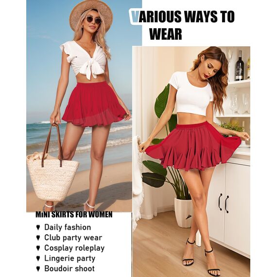 Avidlove Rock Damen Minirock Sexy Faltenrock Kurz Skirt Festival Outfit Rave Kleid Tüllrock Sommer Plisseerock Rot S