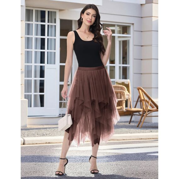 Damen Tüll Röcke High Low Layered Faltenrock Midi Rock Asymmetrisch Karnevalsrock Elegant Weich Knielang Puffy Fee Röcke