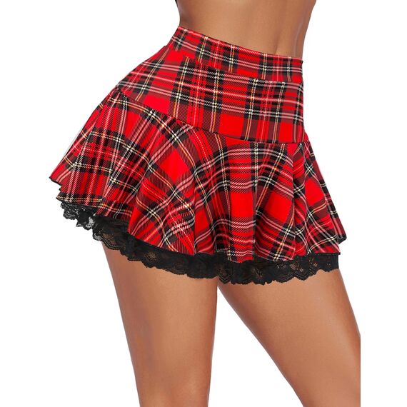 Avidlove Damen Mini Röcke Sommer Solide Faltenrock Spitze Ruffle Plisseerock Kurz Sexy Minirock Basic Gefaltet Rock Elastisch Skater Skirt Rotes Plaid S