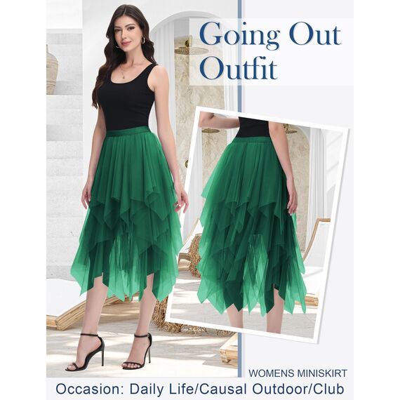 Damen Tüll Röcke High Low Layered Faltenrock Midi Rock Asymmetrisch Karnevalsrock Elegant Weich Knielang Puffy Fee Röcke