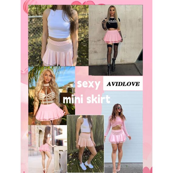Avidlove Damen Mini Röcke Sommer Solide Faltenrock Spitze Ruffle Plisseerock Kurz Sexy Minirock Basic Gefaltet Rock Elastisch Skater Skirt Rosa L