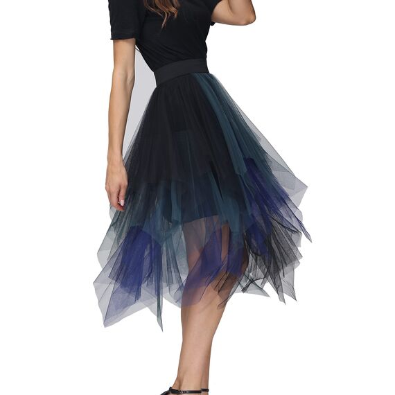 Damen Tüll Röcke High Low Layered Faltenrock Midi Rock Asymmetrisch Karnevalsrock Elegant Weich Knielang Puffy Fee Röcke