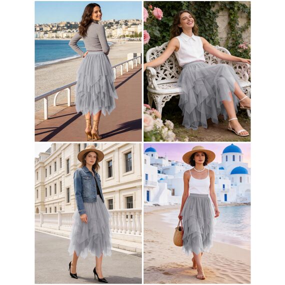 Damen Tüll Röcke High Low Layered Faltenrock Midi Rock Asymmetrisch Karnevalsrock Elegant Weich Knielang Puffy Fee Röcke