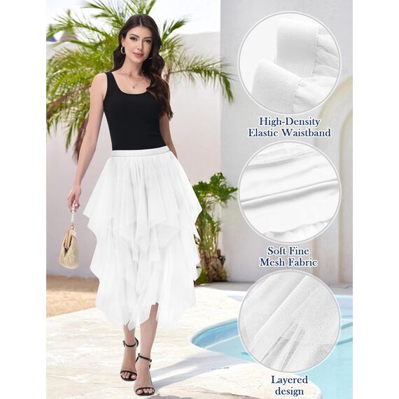 Damen Tüll Röcke High Low Layered Faltenrock Midi Rock Asymmetrisch Karnevalsrock Elegant Weich Knielang Puffy Fee Röcke