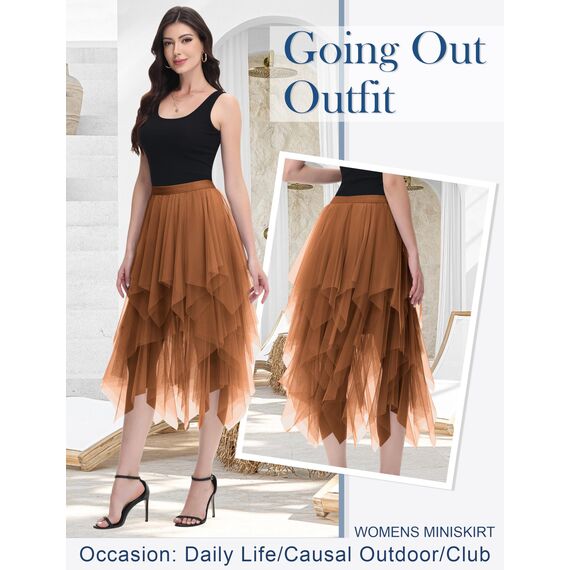 Damen Tüll Röcke High Low Layered Faltenrock Midi Rock Asymmetrisch Karnevalsrock Elegant Weich Knielang Puffy Fee Röcke