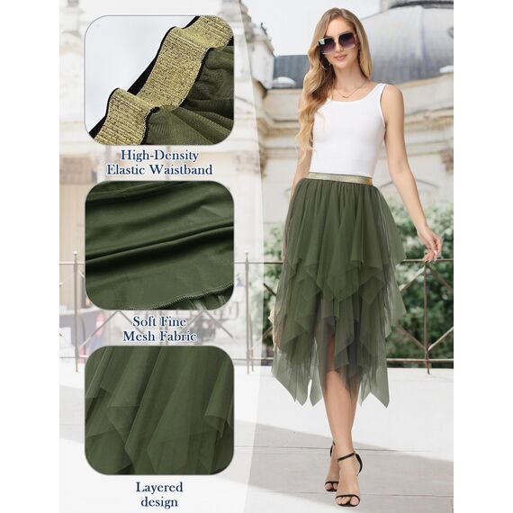 Damen Tüll Röcke High Low Layered Faltenrock Midi Rock Asymmetrisch Karnevalsrock Elegant Weich Knielang Puffy Fee Röcke