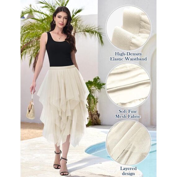 Damen Tüll Röcke High Low Layered Faltenrock Midi Rock Asymmetrisch Karnevalsrock Elegant Weich Knielang Puffy Fee Röcke