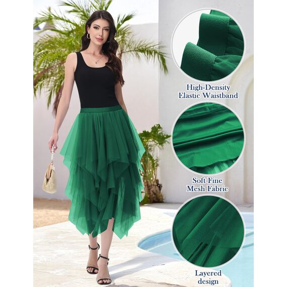 Damen Tüll Röcke High Low Layered Faltenrock Midi Rock Asymmetrisch Karnevalsrock Elegant Weich Knielang Puffy Fee Röcke