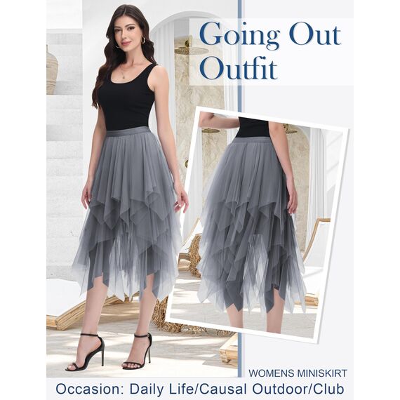 Damen Tüll Röcke High Low Layered Faltenrock Midi Rock Asymmetrisch Karnevalsrock Elegant Weich Knielang Puffy Fee Röcke