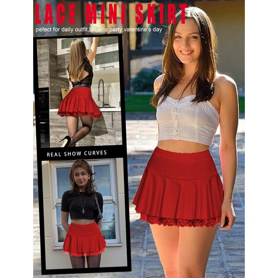 Avidlove Damen Mini Röcke Sommer Solide Faltenrock Spitze Ruffle Plisseerock Kurz Sexy Minirock Basic Gefaltet Rock Elastisch Skater Skirt Rot M