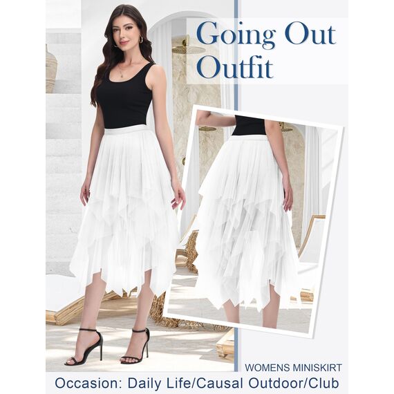 Damen Tüll Röcke High Low Layered Faltenrock Midi Rock Asymmetrisch Karnevalsrock Elegant Weich Knielang Puffy Fee Röcke