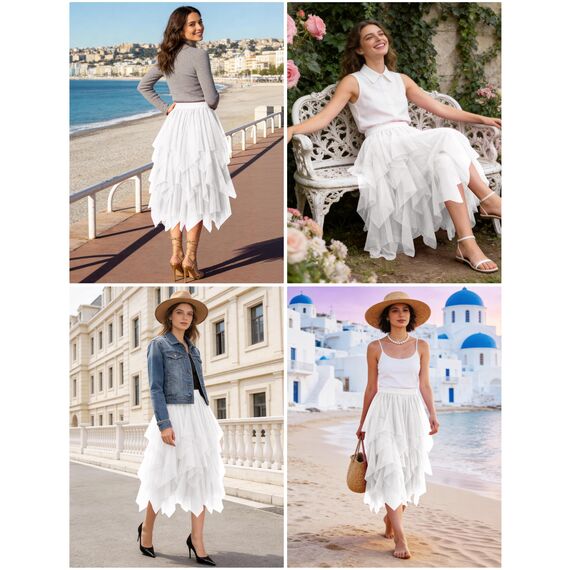 Damen Tüll Röcke High Low Layered Faltenrock Midi Rock Asymmetrisch Karnevalsrock Elegant Weich Knielang Puffy Fee Röcke