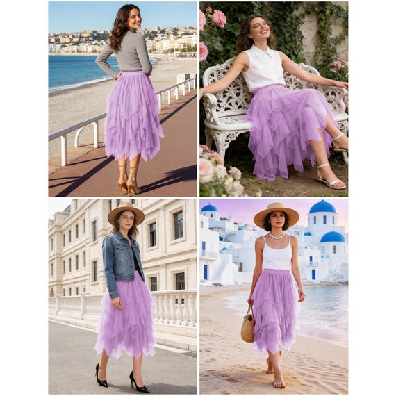 Damen Tüll Röcke High Low Layered Faltenrock Midi Rock Asymmetrisch Karnevalsrock Elegant Weich Knielang Puffy Fee Röcke