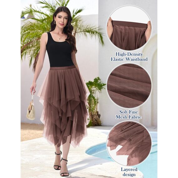 Damen Tüll Röcke High Low Layered Faltenrock Midi Rock Asymmetrisch Karnevalsrock Elegant Weich Knielang Puffy Fee Röcke