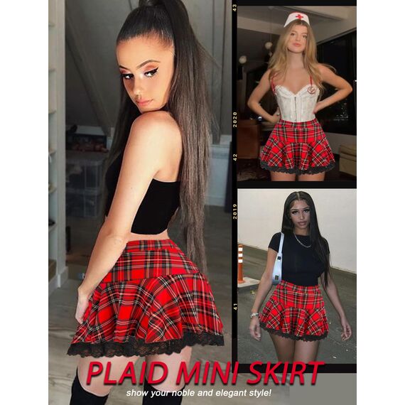 Avidlove Damen Mini Röcke Sommer Solide Faltenrock Spitze Ruffle Plisseerock Kurz Sexy Minirock Basic Gefaltet Rock Elastisch Skater Skirt Rotes Plaid L