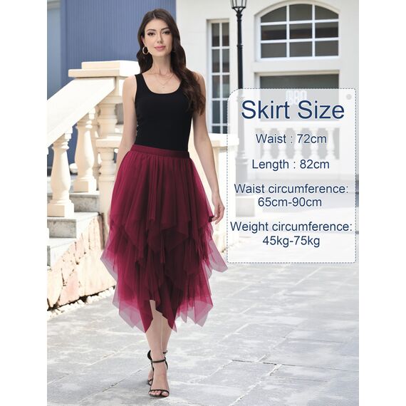 Damen Tüll Röcke High Low Layered Faltenrock Midi Rock Asymmetrisch Karnevalsrock Elegant Weich Knielang Puffy Fee Röcke