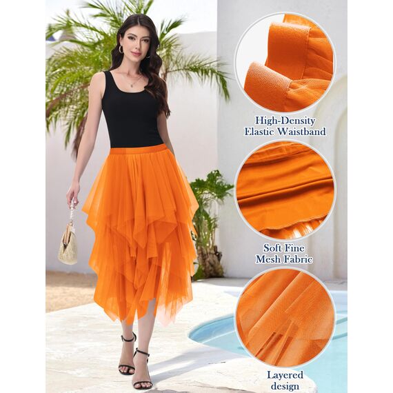 Damen Tüll Röcke High Low Layered Faltenrock Midi Rock Asymmetrisch Karnevalsrock Elegant Weich Knielang Puffy Fee Röcke