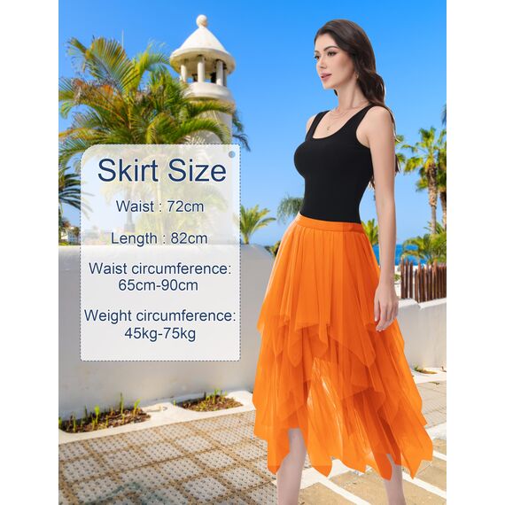 Damen Tüll Röcke High Low Layered Faltenrock Midi Rock Asymmetrisch Karnevalsrock Elegant Weich Knielang Puffy Fee Röcke