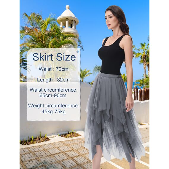 Damen Tüll Röcke High Low Layered Faltenrock Midi Rock Asymmetrisch Karnevalsrock Elegant Weich Knielang Puffy Fee Röcke