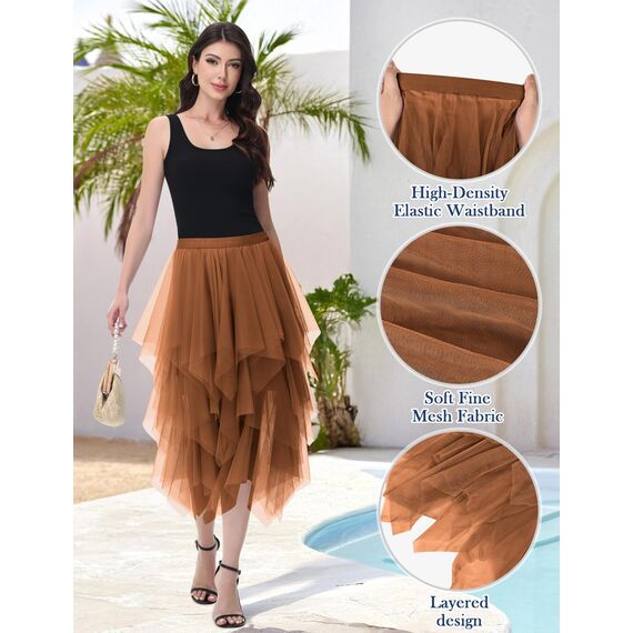 Damen Tüll Röcke High Low Layered Faltenrock Midi Rock Asymmetrisch Karnevalsrock Elegant Weich Knielang Puffy Fee Röcke