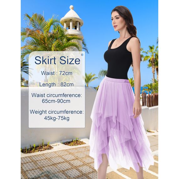 Damen Tüll Röcke High Low Layered Faltenrock Midi Rock Asymmetrisch Karnevalsrock Elegant Weich Knielang Puffy Fee Röcke
