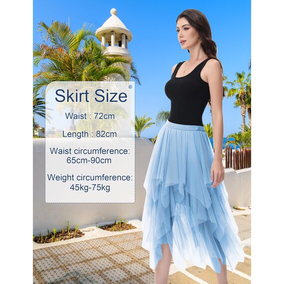 Damen Tüll Röcke High Low Layered Faltenrock Midi Rock Asymmetrisch Karnevalsrock Elegant Weich Knielang Puffy Fee Röcke