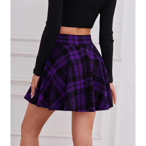 DJT Damen Mädchen Basic Solid Dehnbaren Informell Mini Skater Rock mit Shorts Lila Karierte Medium