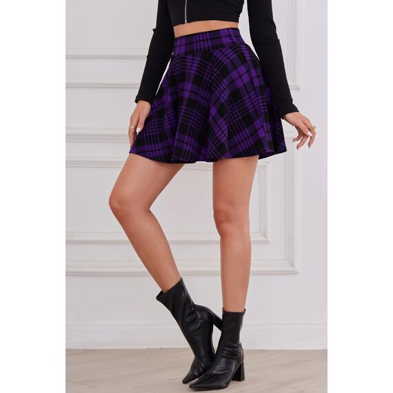 DJT Damen Mädchen Basic Solid Dehnbaren Informell Mini Skater Rock mit Shorts Lila Karierte Small