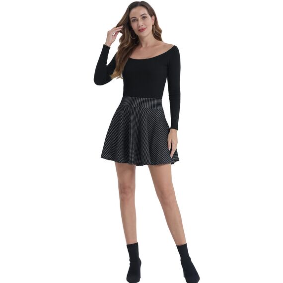 DJT Damen Mädchen Basic Solid Dehnbaren Informell Mini Skater Rock mit Shorts Schwarz kariert S