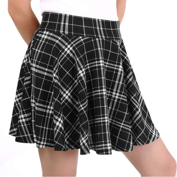 DJT Damen Mädchen Basic Solid Dehnbaren Informell Mini Skater Rock mit Shorts Schwarz Plaid X-Small