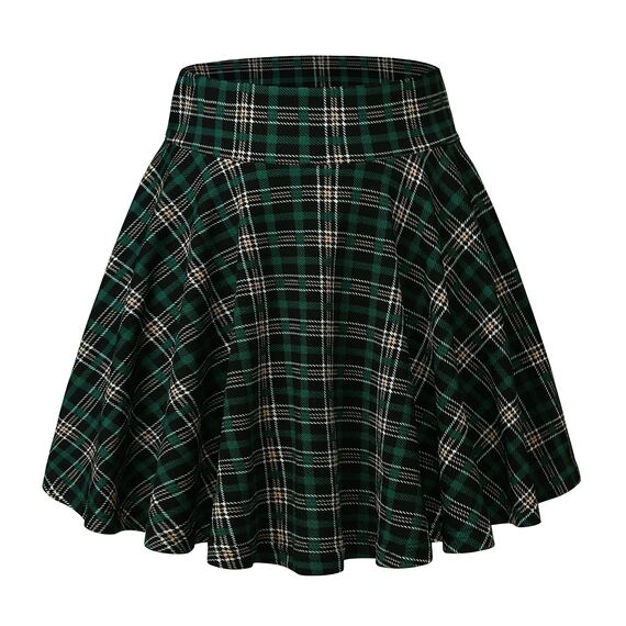 DJT Damen Mädchen Basic Solid Dehnbaren Informell Mini Skater Rock mit Shorts Grün Plaid X-Small