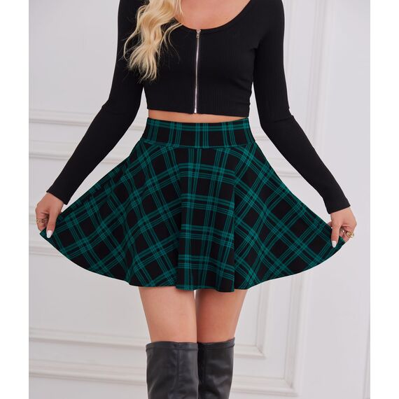 DJT Damen Mädchen Basic Solid Dehnbaren Informell Mini Skater Rock mit Shorts Blaugrün Kariert X-Small