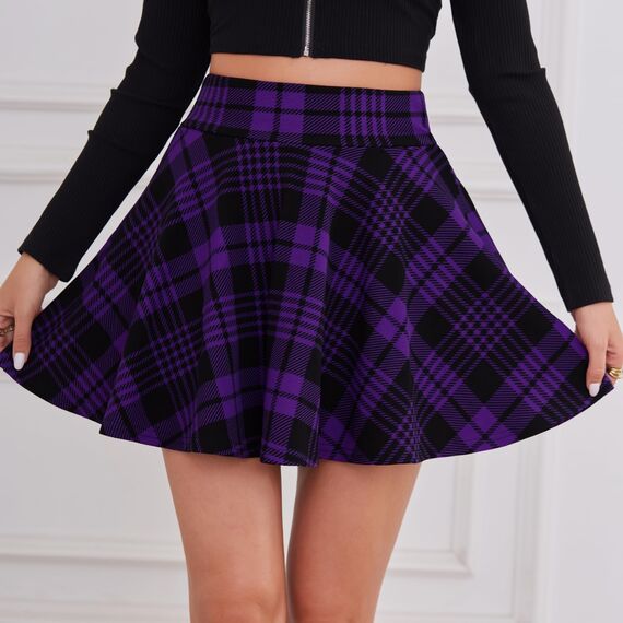 DJT Damen Mädchen Basic Solid Dehnbaren Informell Mini Skater Rock mit Shorts Lila Karierte Small