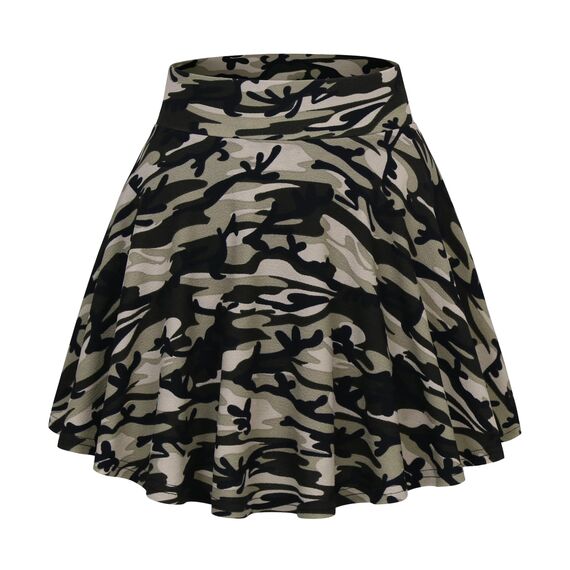 DJT Damen Mädchen Basic Solid Dehnbaren Informell Mini Skater Rock mit Shorts Tarnung X-Small